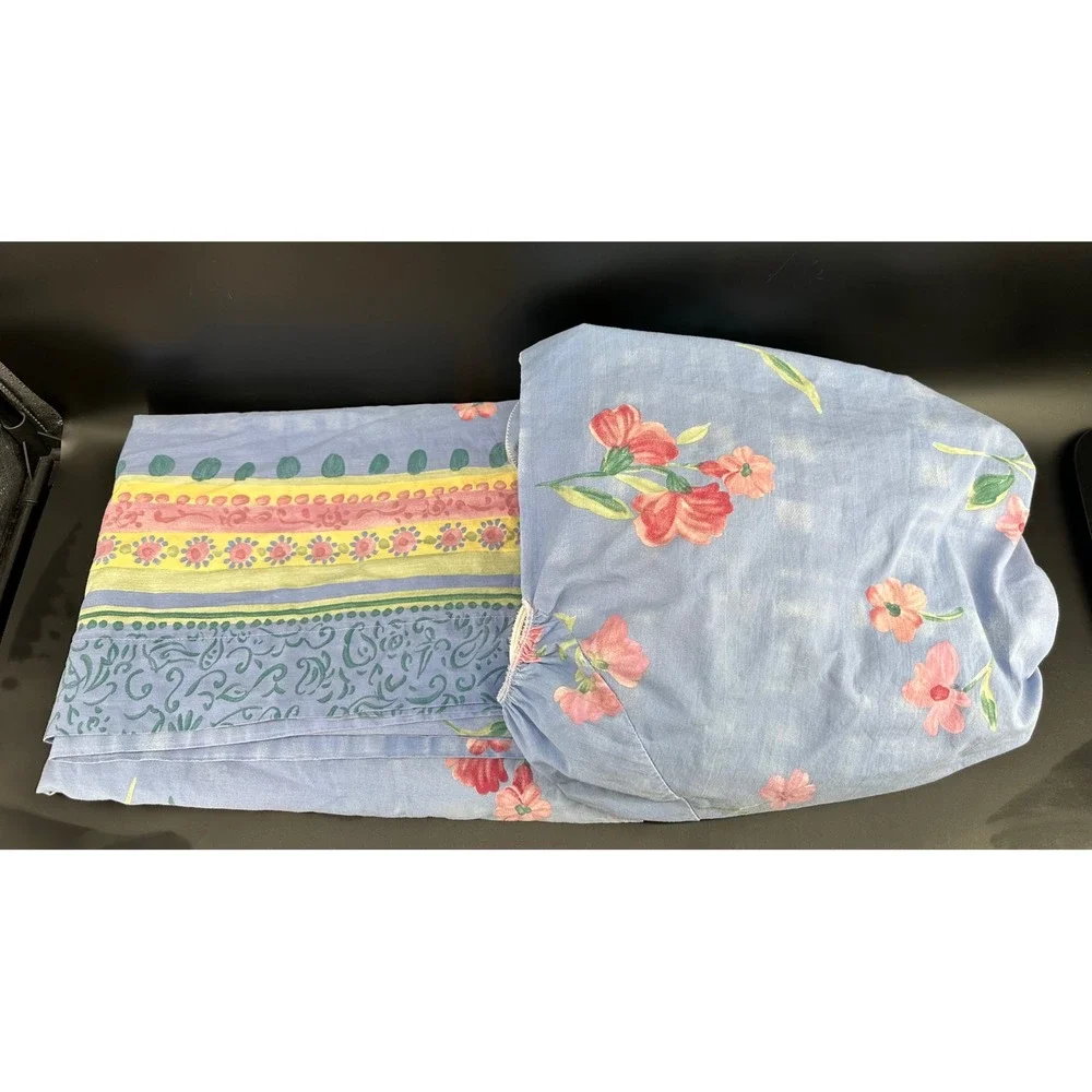 Vintage Dan River Full Sheet Set Blue Pink Floral Cottagecore 100% Cotton USA